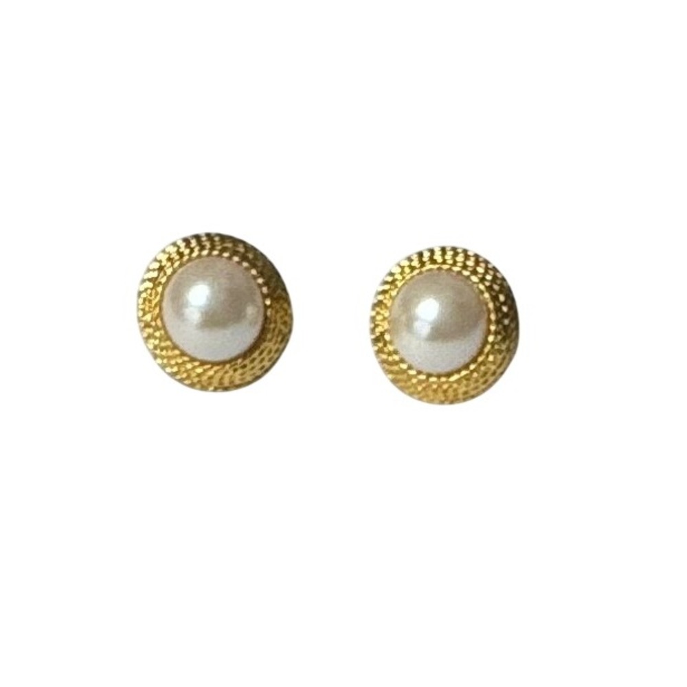 Vintage Napier Gold Tone Rope Faux Pearl Round Clip On Earrings Textured Classic